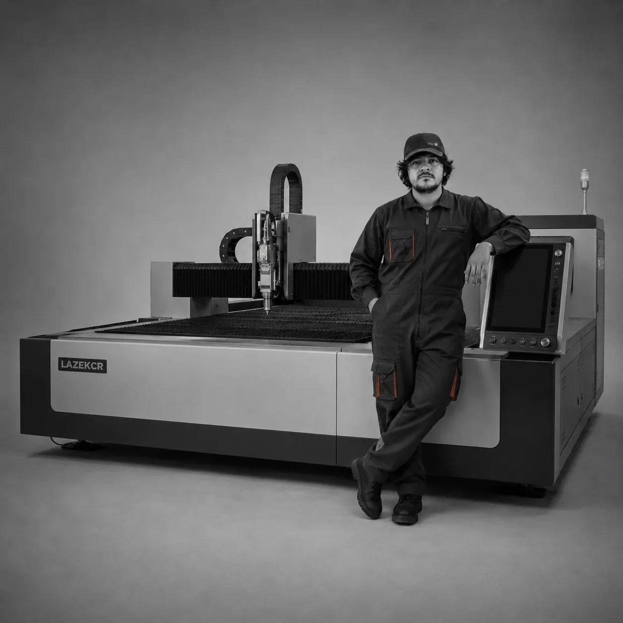 Daniel Pereda junto a la máquina CNC de LAZEK CR